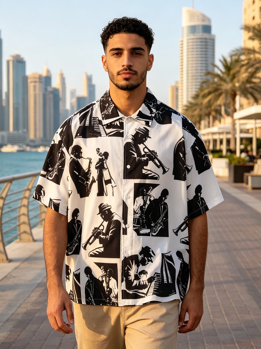 Men's Jazz Musician Graphic Print Short Sleeve Button Down Shirt, Loose Fit Lightweight Summer Casual Shirt