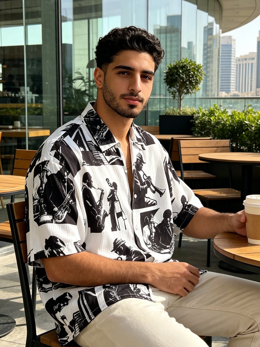 Men's Jazz Musician Graphic Print Short Sleeve Button Down Shirt, Loose Fit Lightweight Summer Casual Shirt