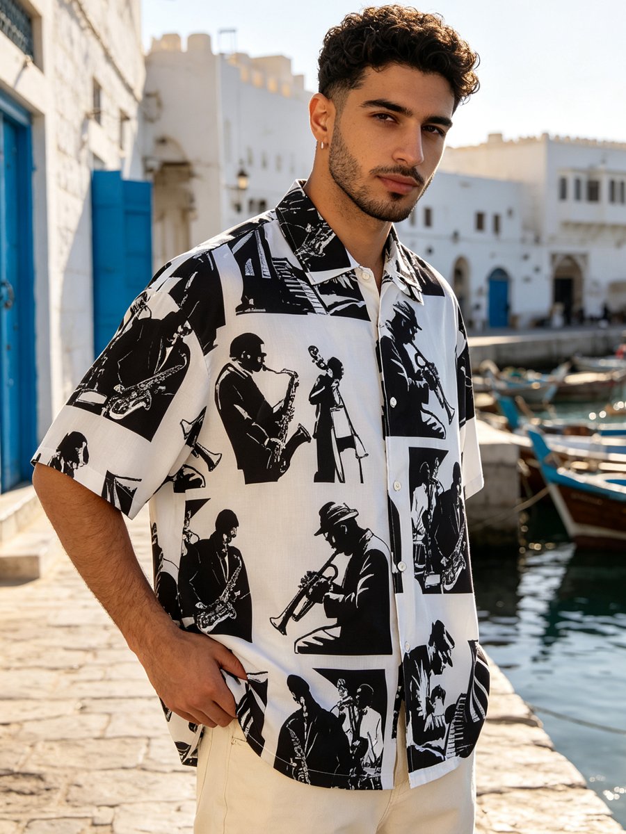 Men's Jazz Musician Graphic Print Short Sleeve Button Down Shirt, Loose Fit Lightweight Summer Casual Shirt