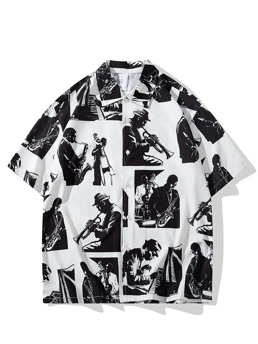 Men's Jazz Musician Graphic Print Short Sleeve Button Down Shirt, Loose Fit Lightweight Summer Casual Shirt
