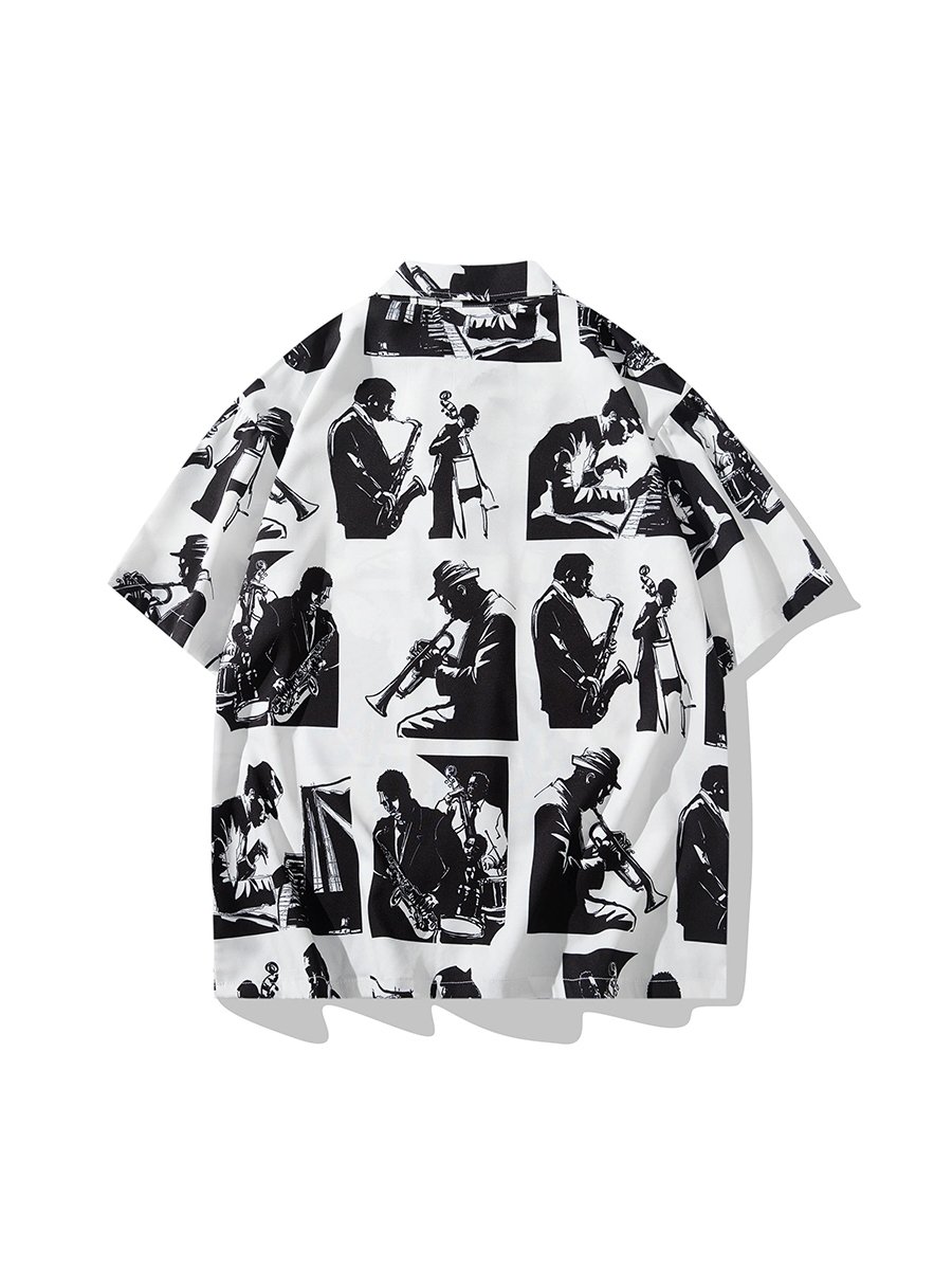 Men's Jazz Musician Graphic Print Short Sleeve Button Down Shirt, Loose Fit Lightweight Summer Casual Shirt