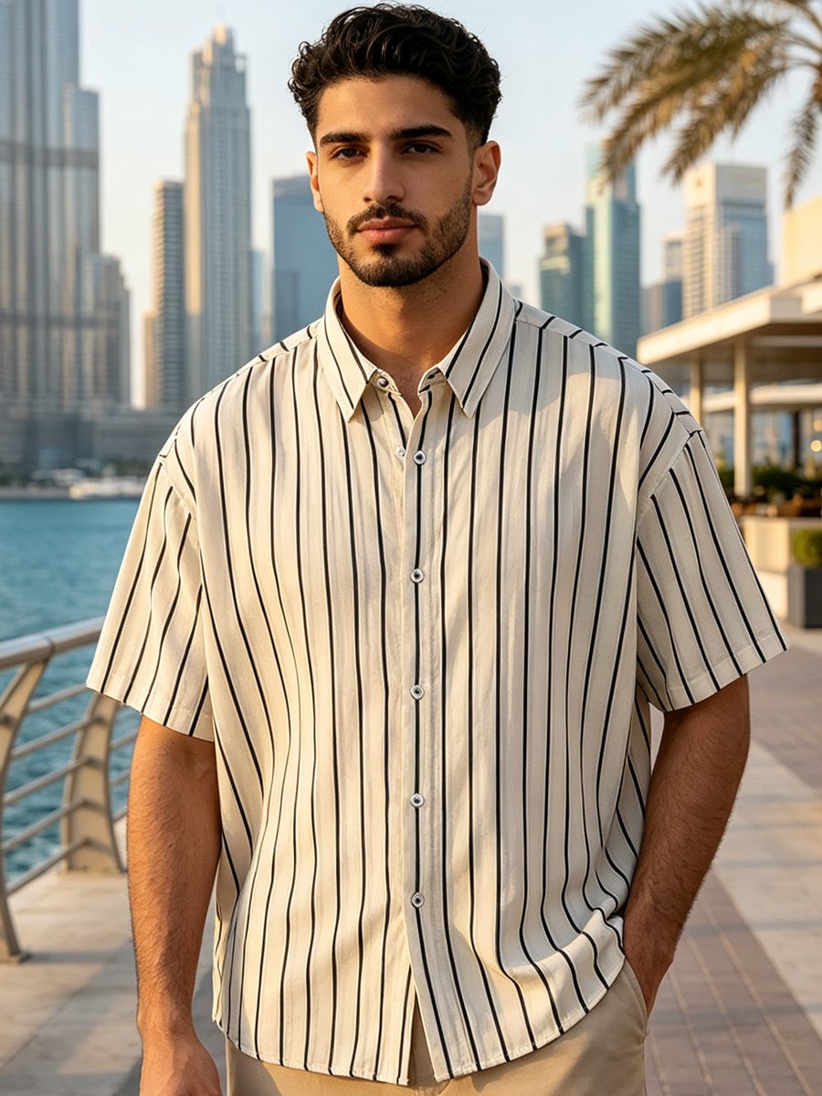 White Striped Short Sleeves Relaxed Shirt