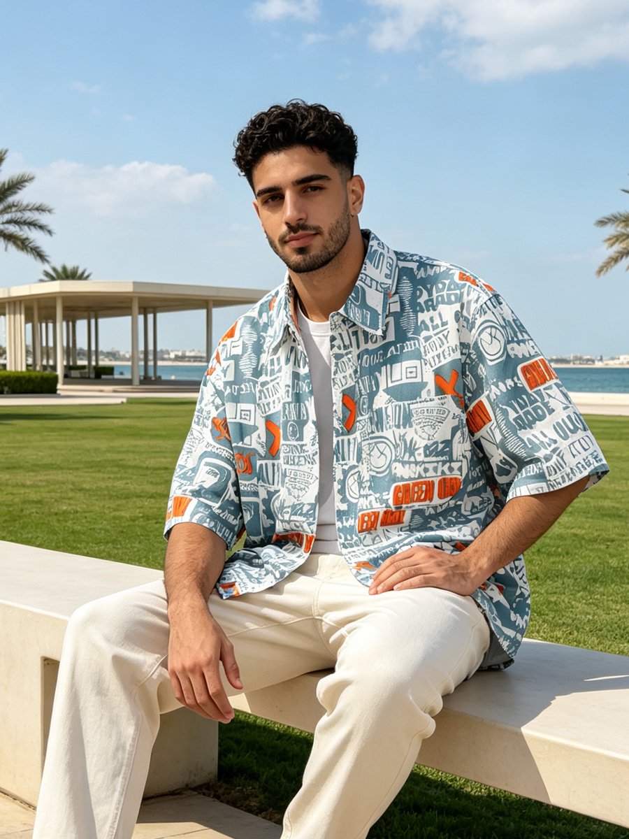 Blue Printed Short Sleeves Regular Shirt