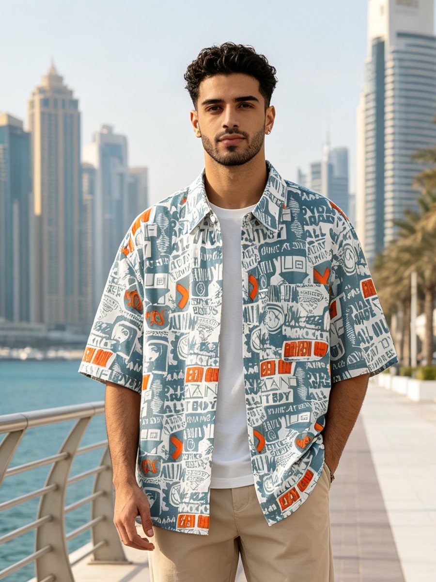 Blue Printed Short Sleeves Regular Shirt
