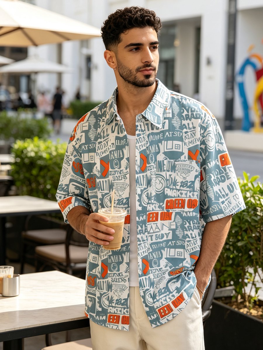 Blue Printed Short Sleeves Regular Shirt
