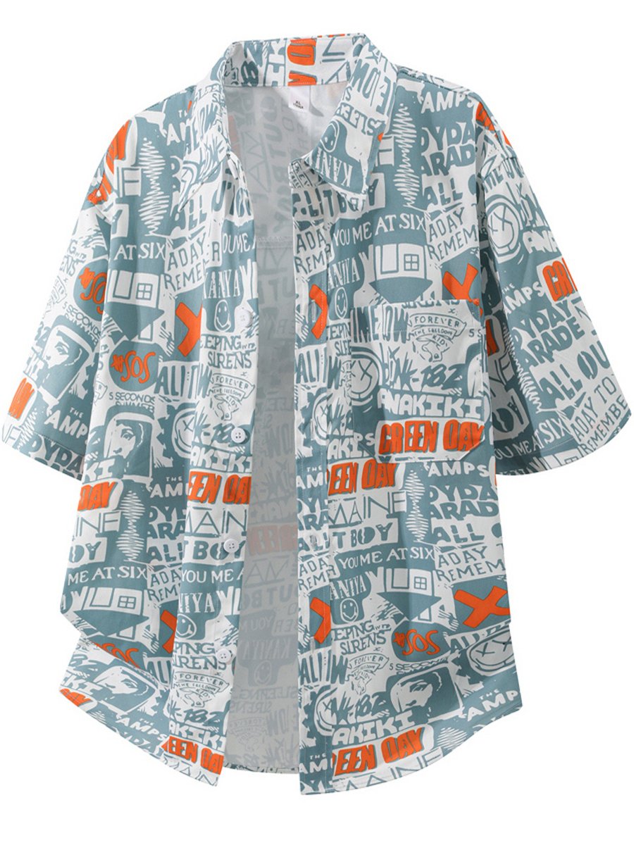 Blue Printed Short Sleeves Regular Shirt