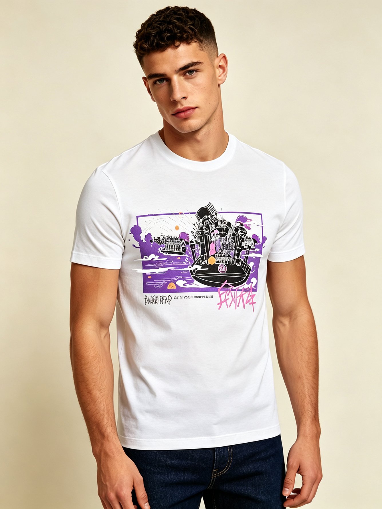 White Printed Round Neck Regular T-Shirt