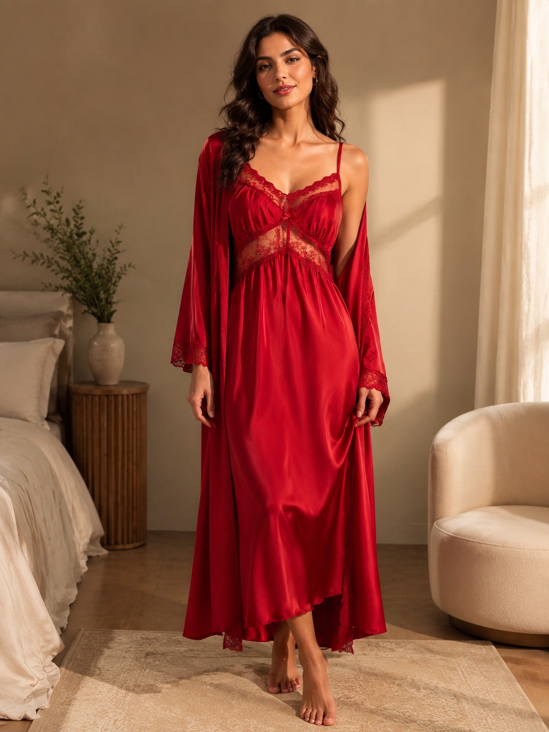 Red Satin Lace Trim Slip and Robe Set