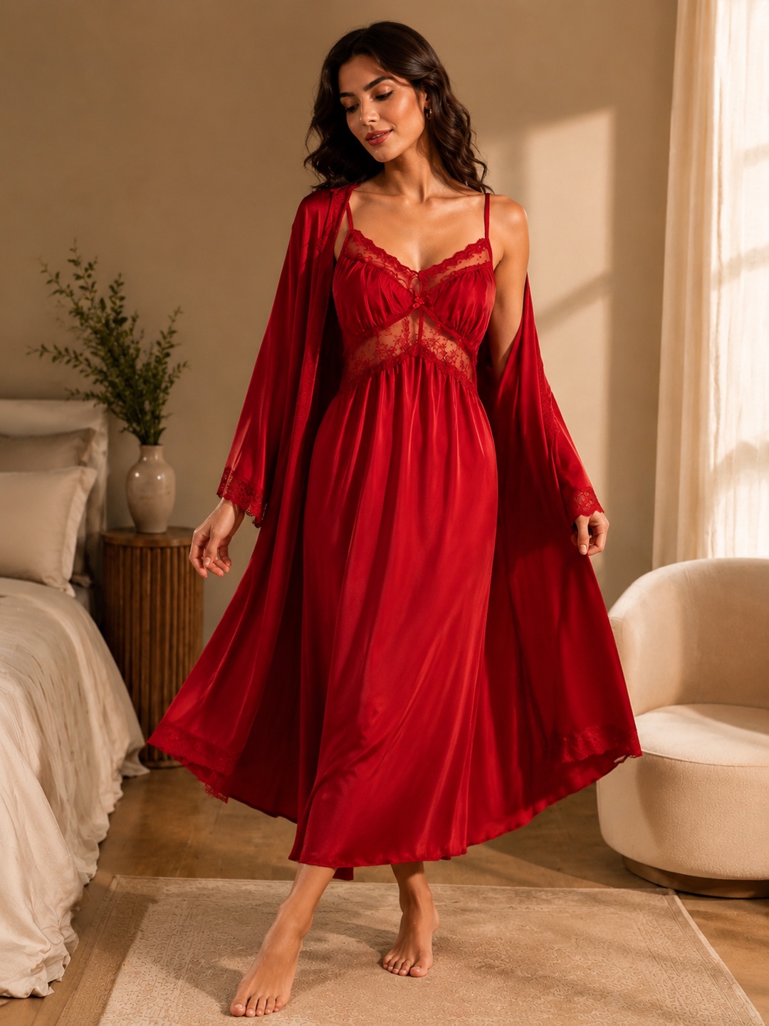 Red Satin Lace Trim Slip and Robe Set