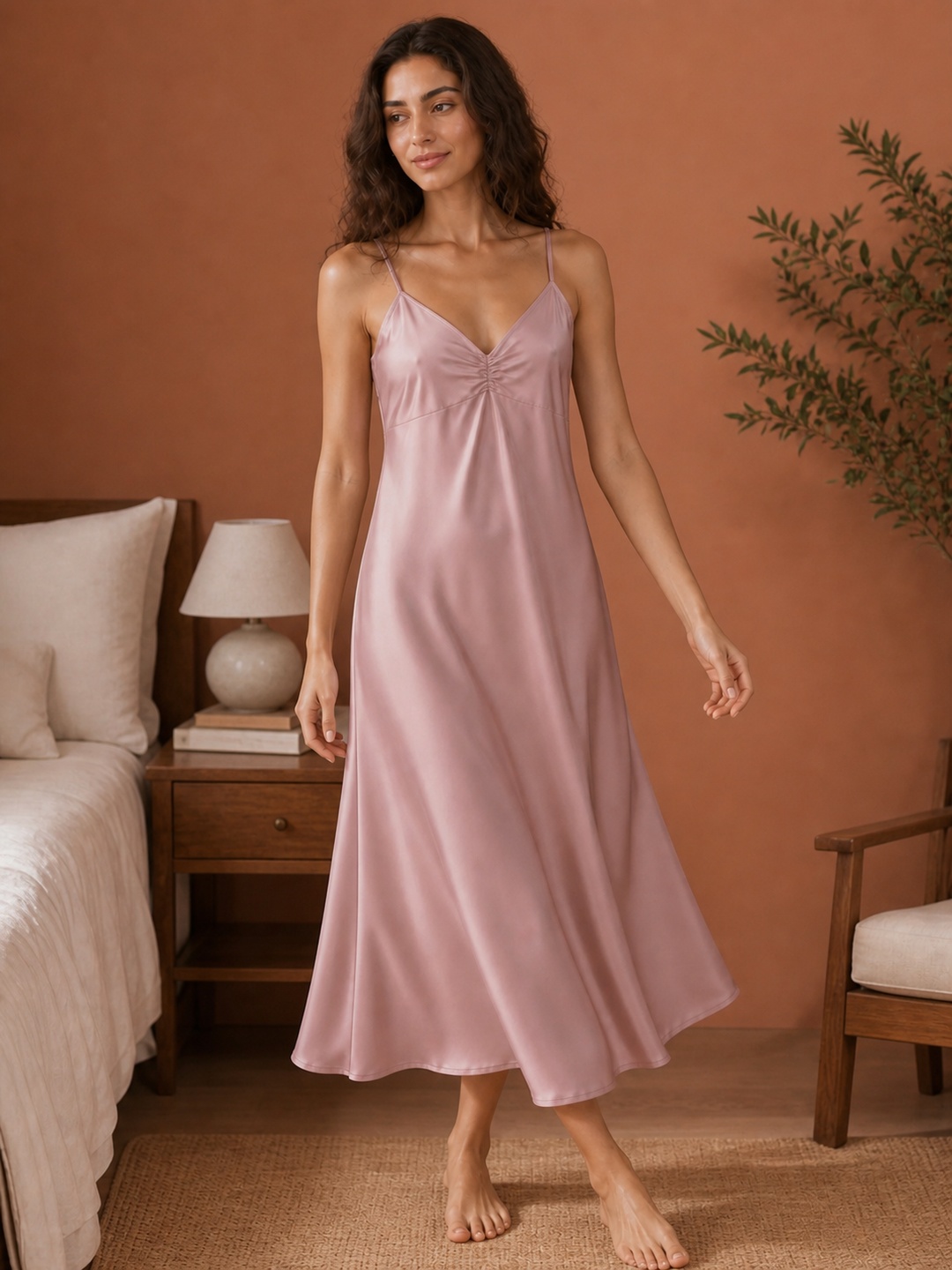 Pink Satin Slip with Open Back and Crossed Straps