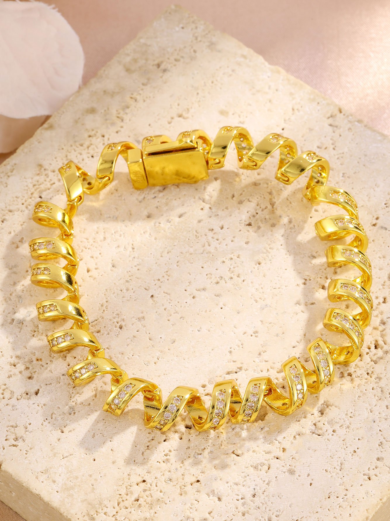 Golden Spiral Link Bracelet with Zircon Accents - Casual and