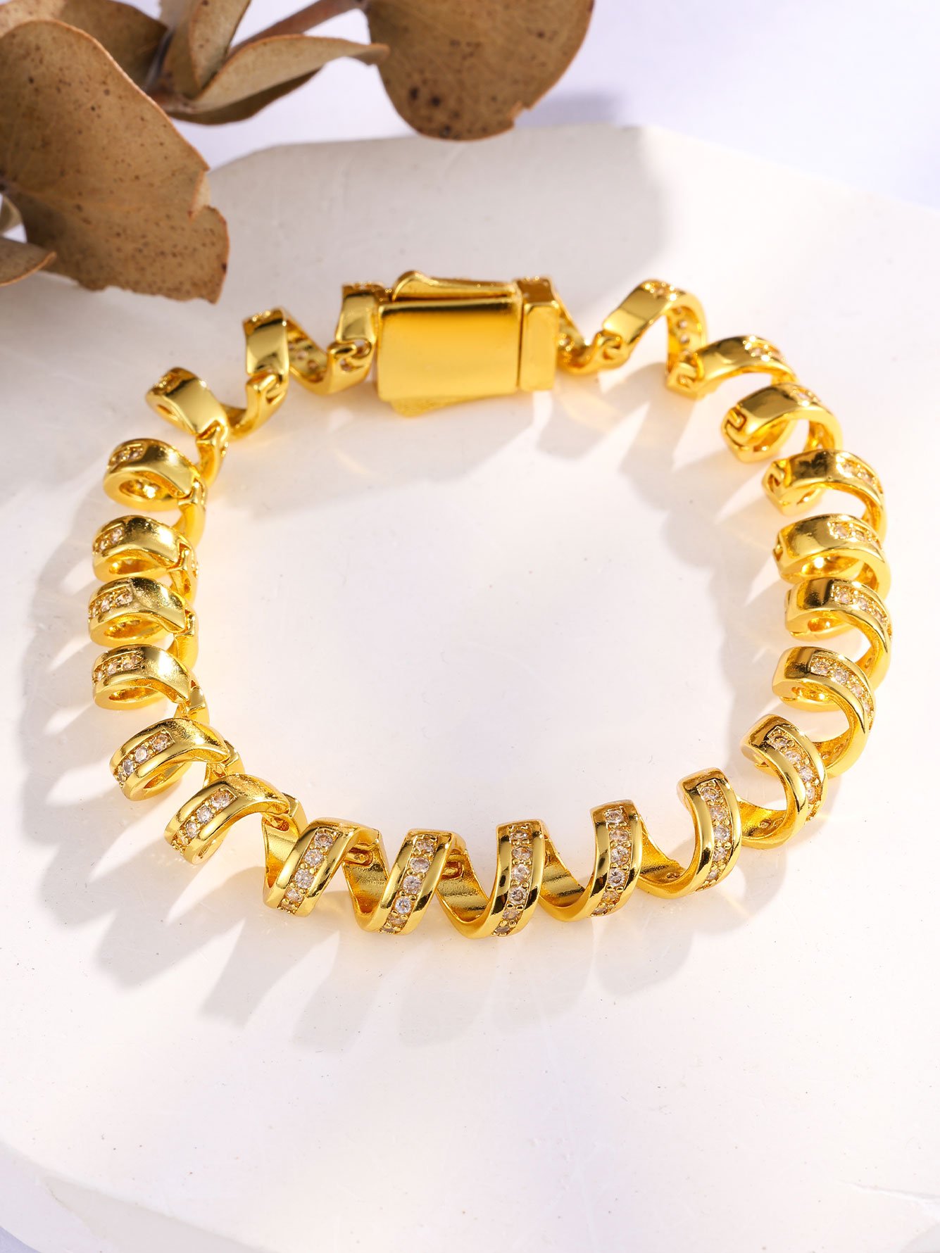 Golden Spiral Link Bracelet with Zircon Accents - Casual and