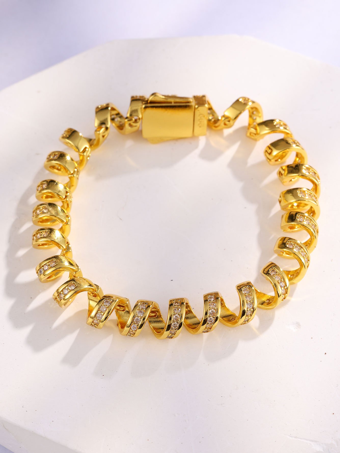 Golden Spiral Link Bracelet with Zircon Accents - Casual and