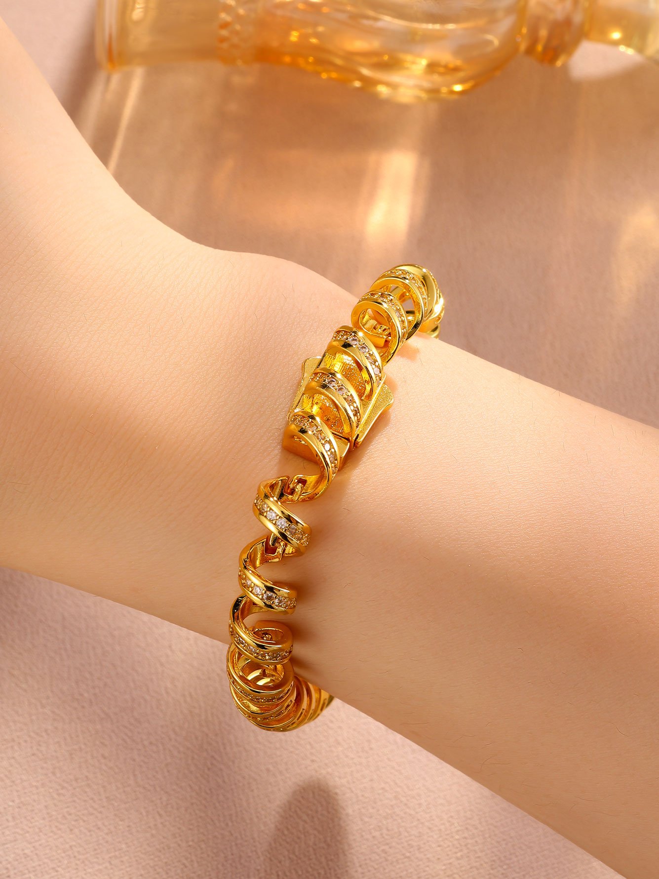 Golden Spiral Link Bracelet with Zircon Accents - Casual and