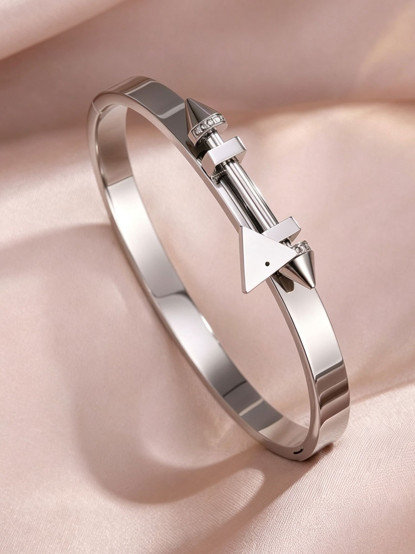 Silver Studded Bangle with Zircon Accents - Casual Bracelet for Women