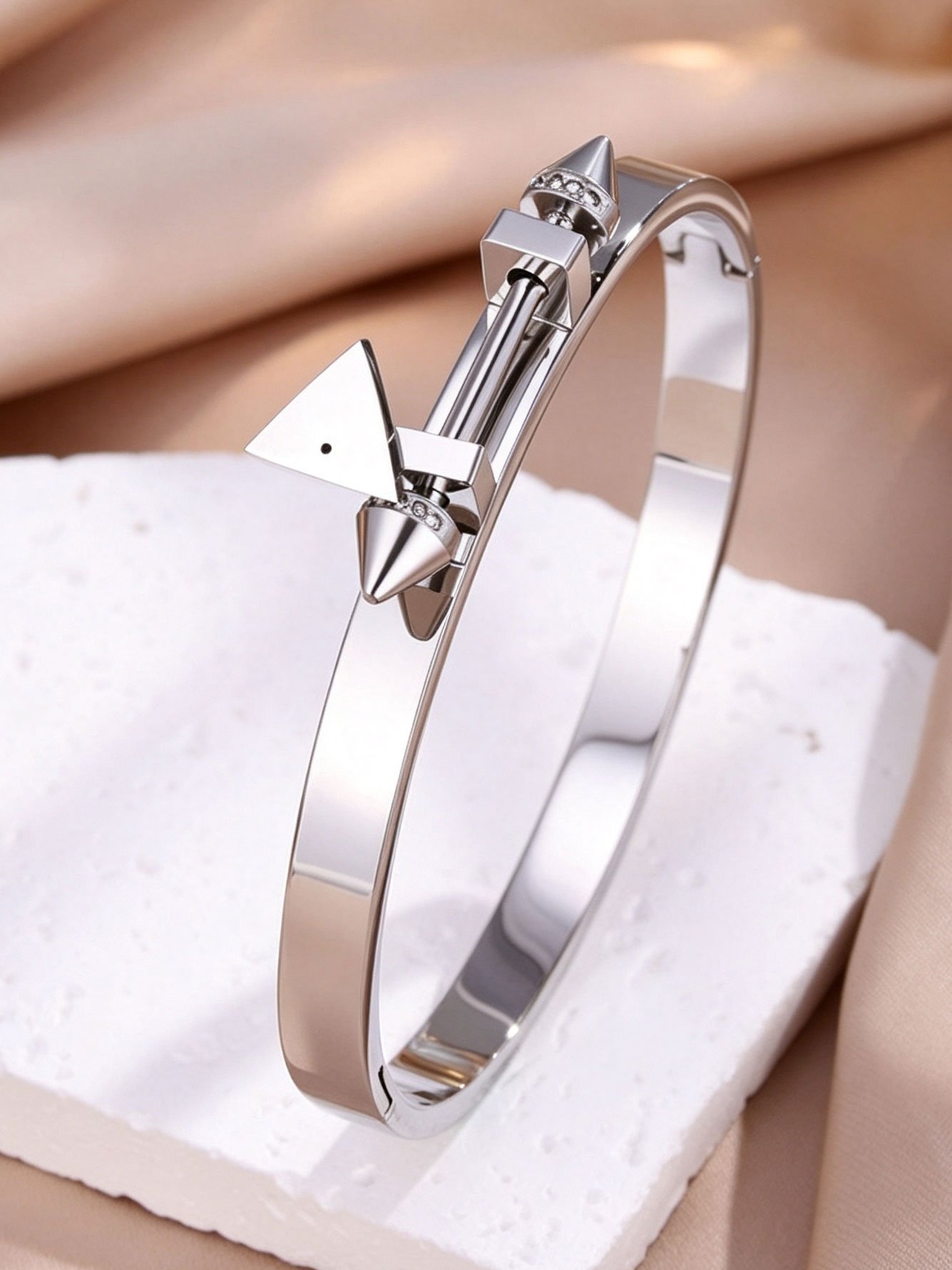 Silver Studded Bangle with Zircon Accents - Casual Bracelet for Women