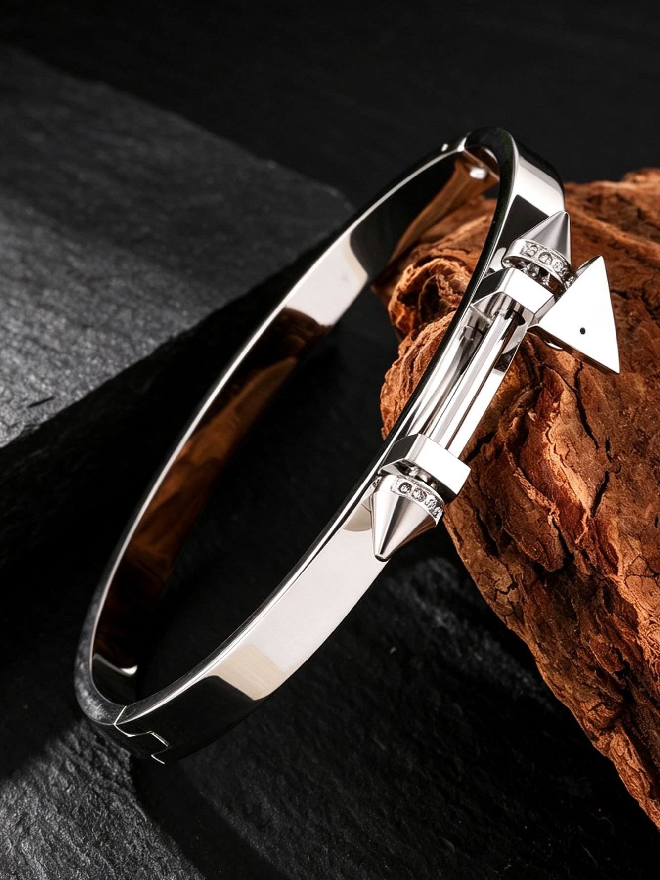 Silver Studded Bangle with Zircon Accents - Casual Bracelet for Women