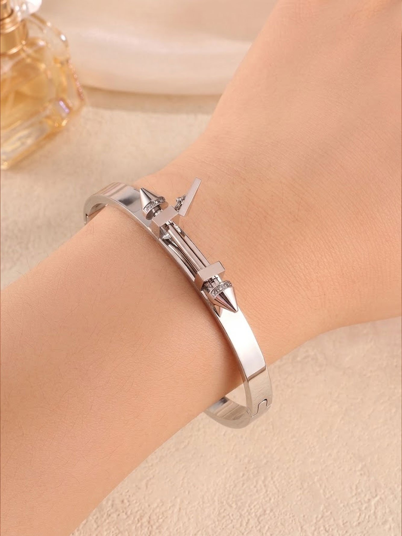 Silver Studded Bangle with Zircon Accents - Casual Bracelet for Women