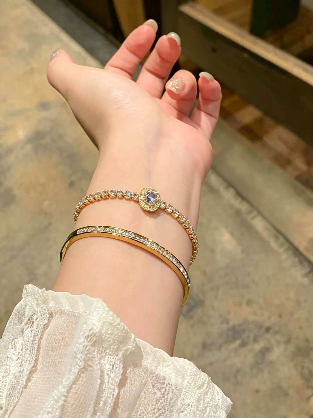 2PC Womens Gold Round Zircon Bangle Bracelet Set
