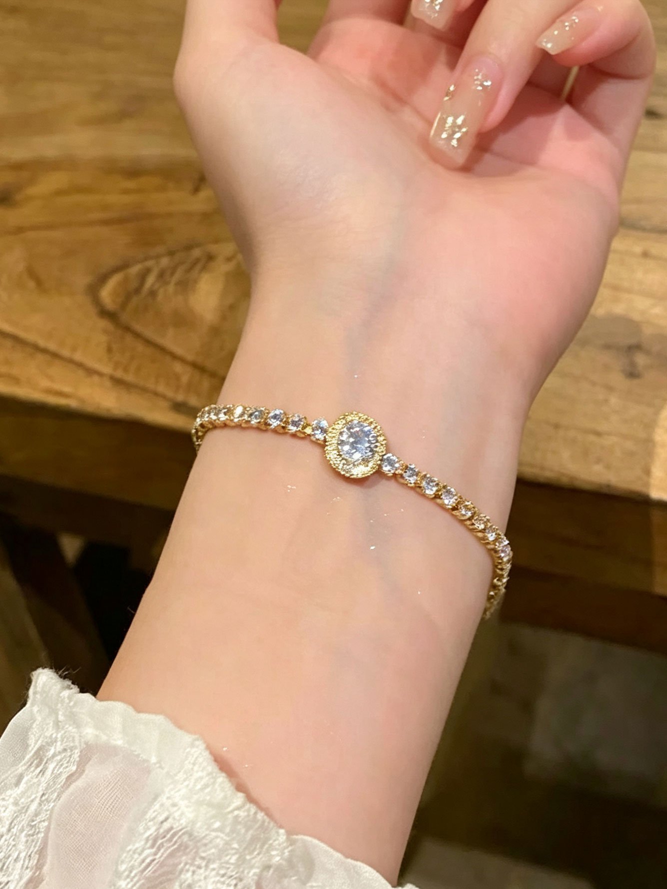 2PC Womens Gold Round Zircon Bangle Bracelet Set