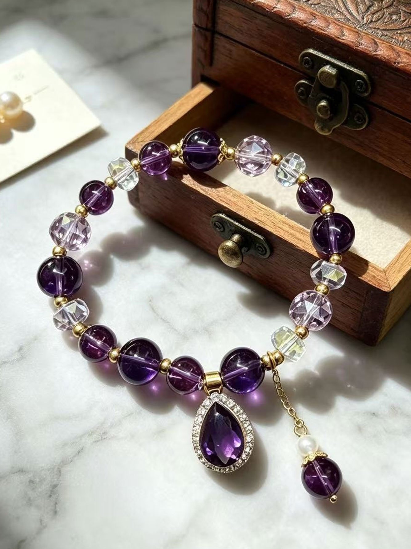 Gold-Tone Amethyst Beaded Bracelet with Teardrop Charm for Women
