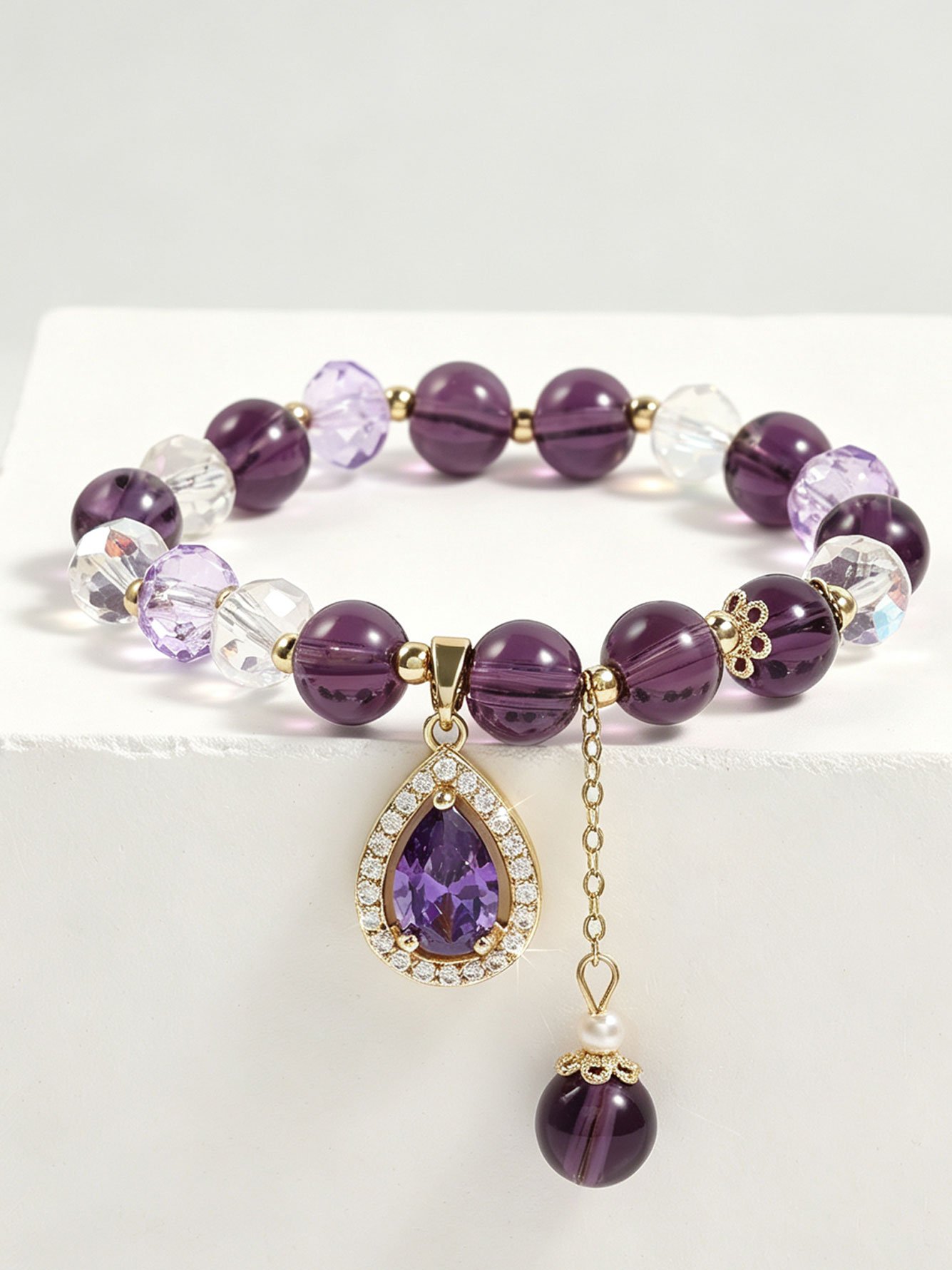 Gold-Tone Amethyst Beaded Bracelet with Teardrop Charm for Women