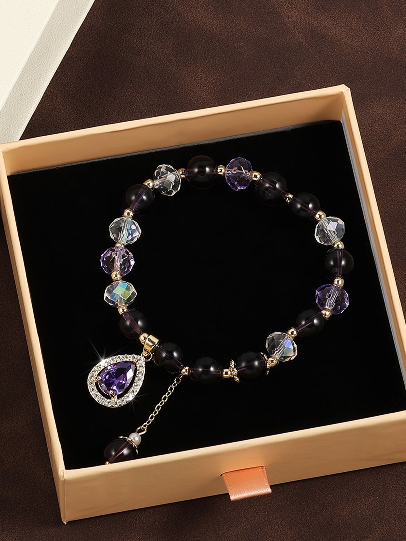 Gold-Tone Amethyst Beaded Bracelet with Teardrop Charm for Women