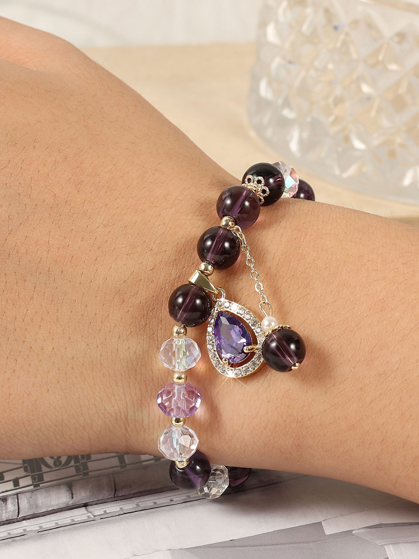 Gold-Tone Amethyst Beaded Bracelet with Teardrop Charm for Women