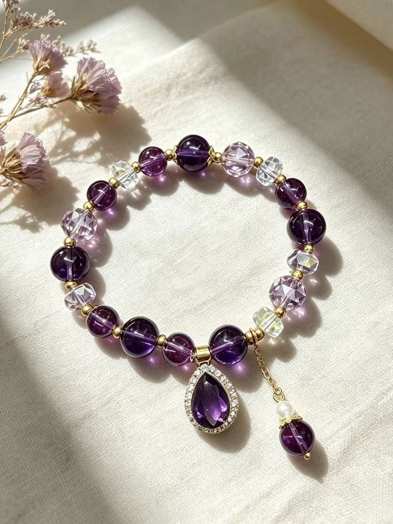 Gold-Tone Amethyst Beaded Bracelet with Teardrop Charm for Women