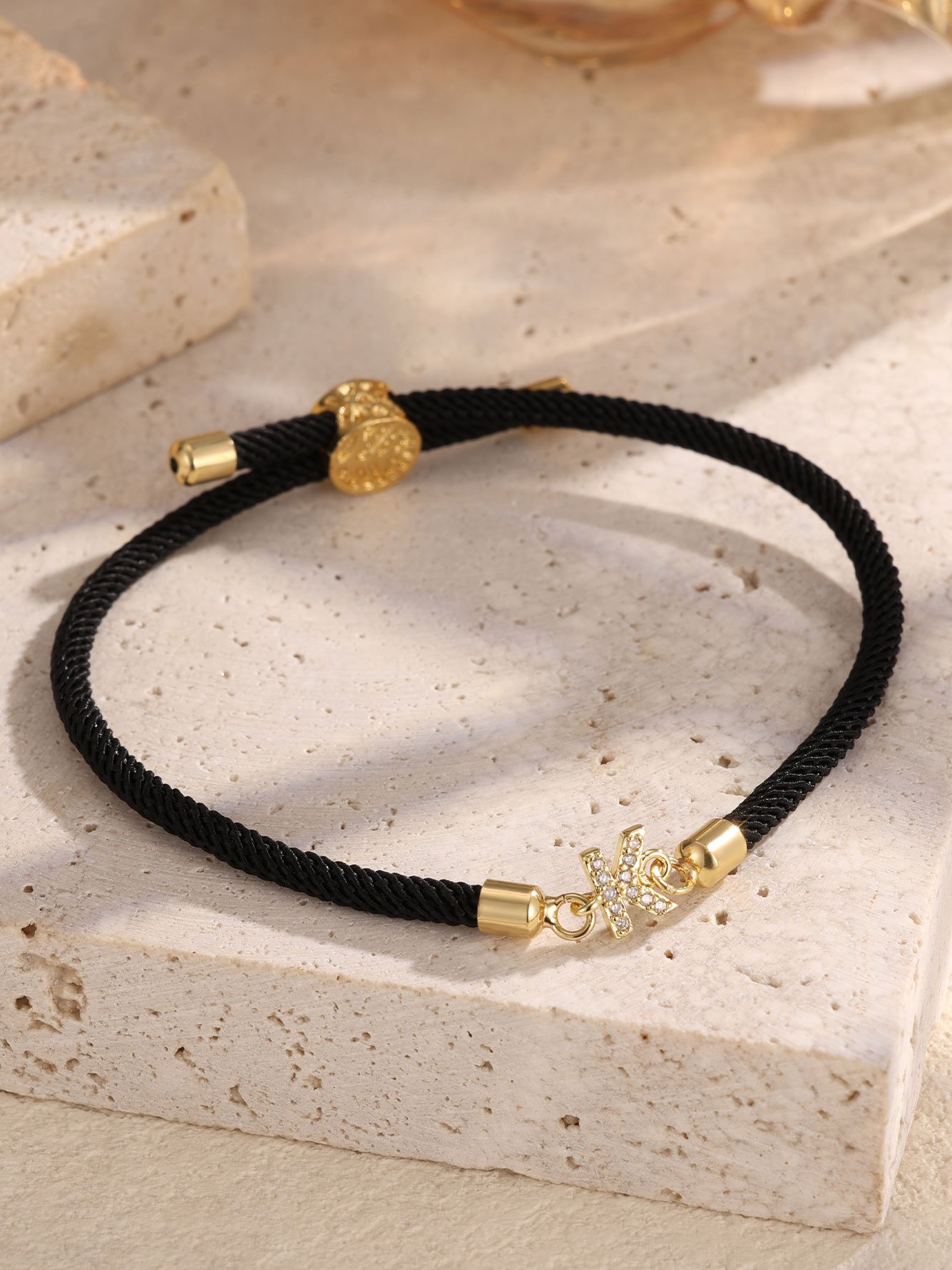 Black Rope Bracelet with Zircon K Charm - Perfect for Parties