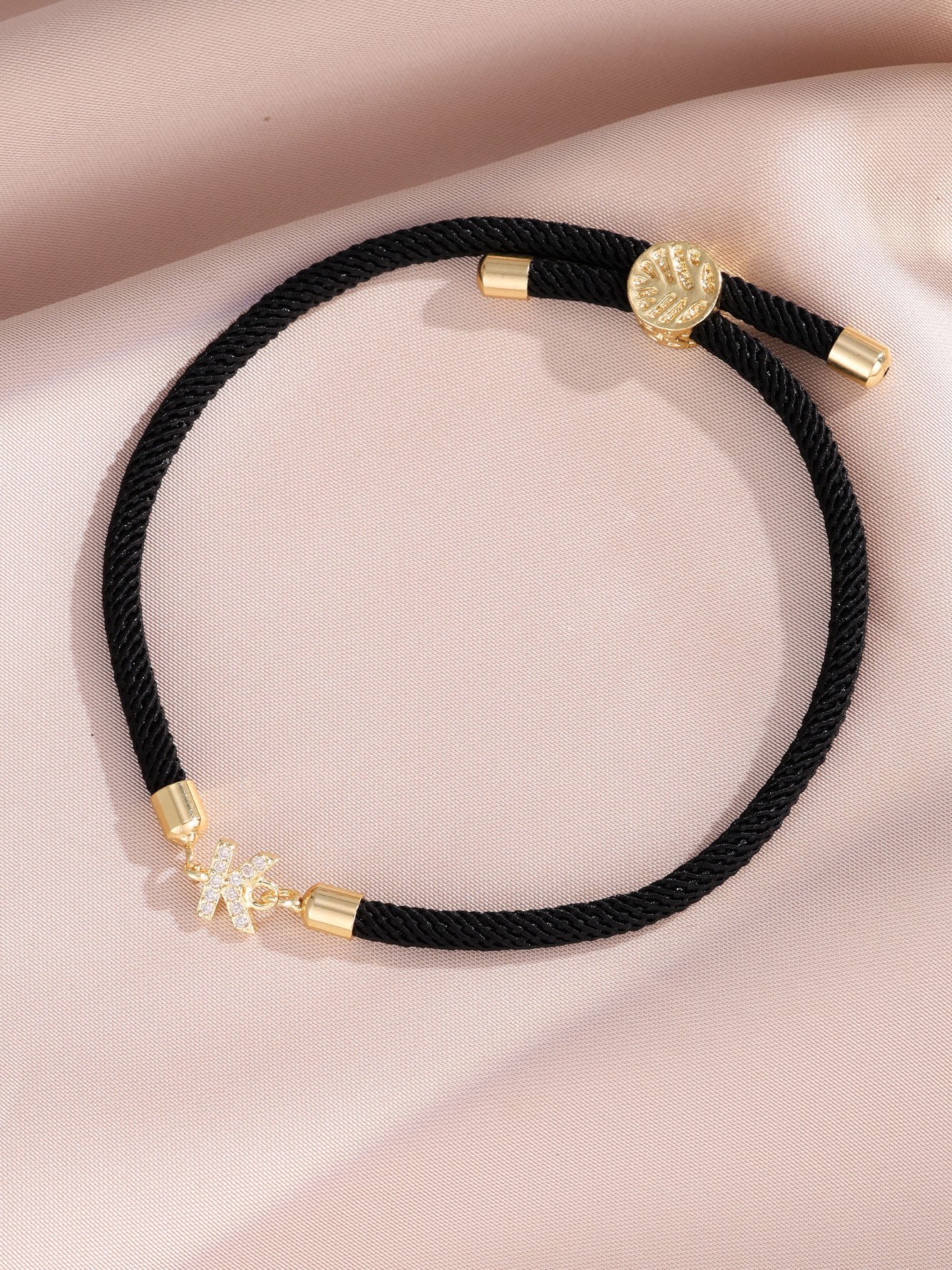 Black Rope Bracelet with Zircon K Charm - Perfect for Parties