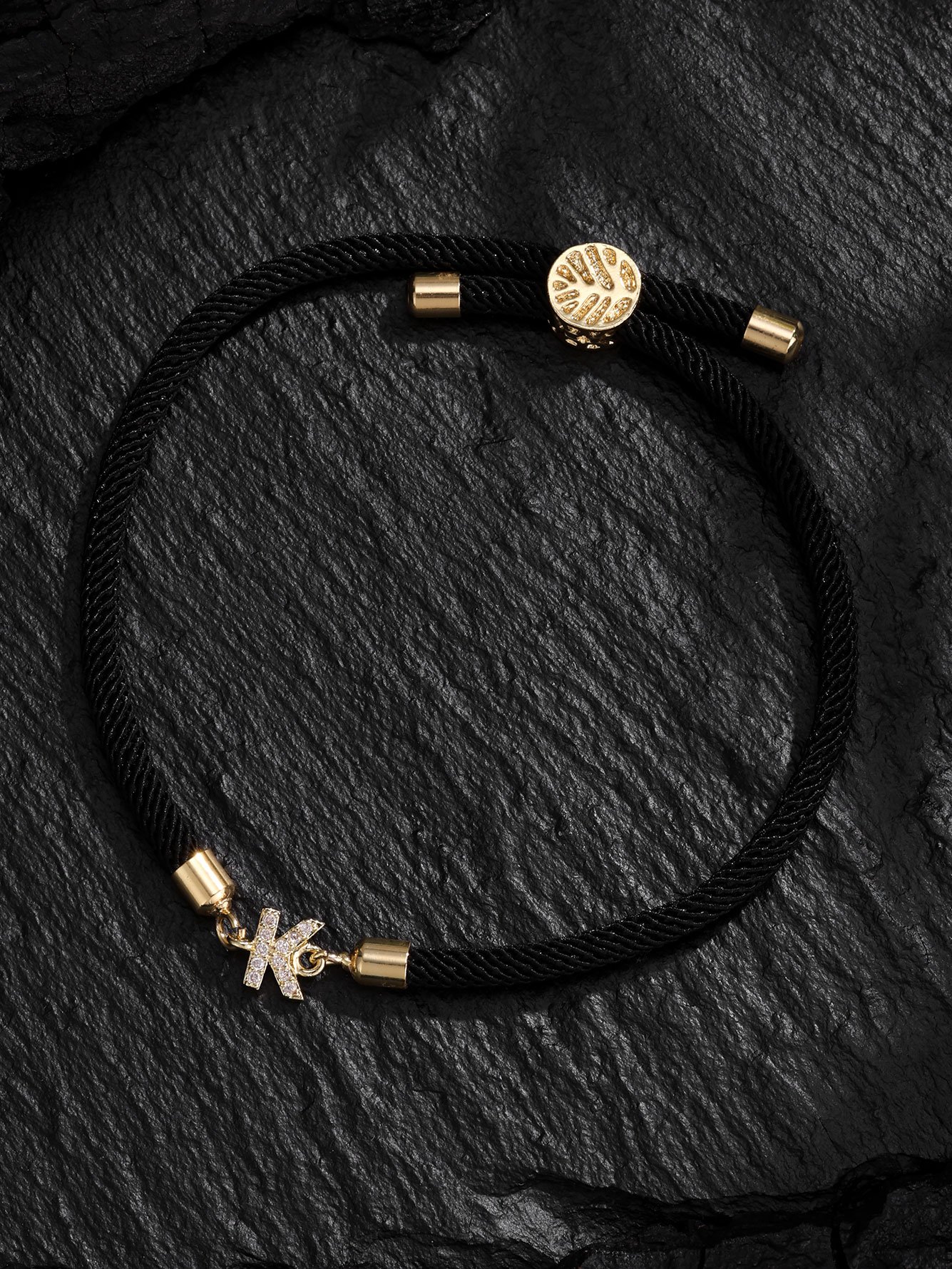 Black Rope Bracelet with Zircon K Charm - Perfect for Parties