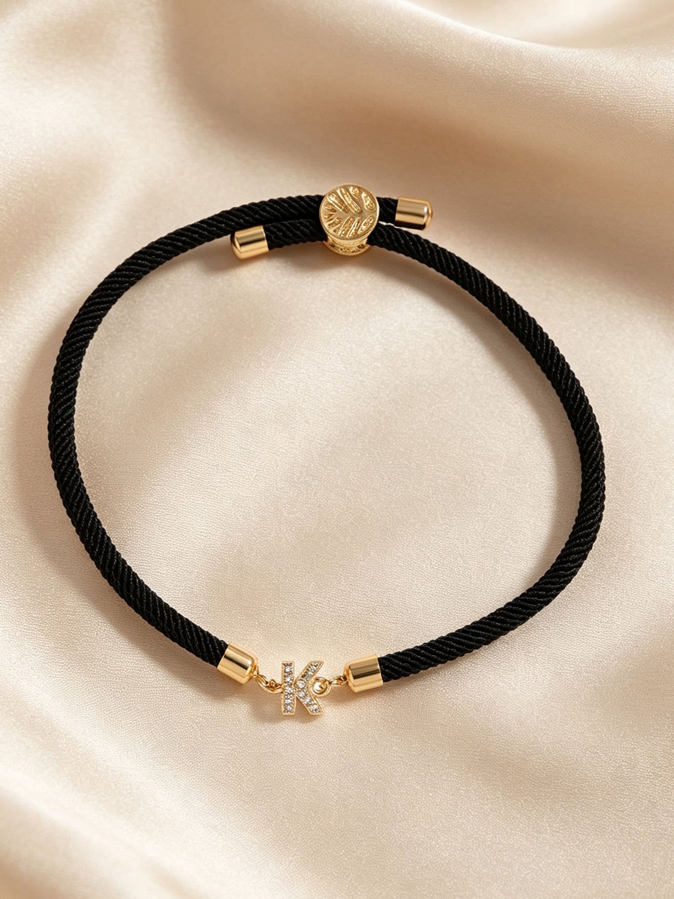 Black Rope Bracelet with Zircon K Charm - Perfect for Parties