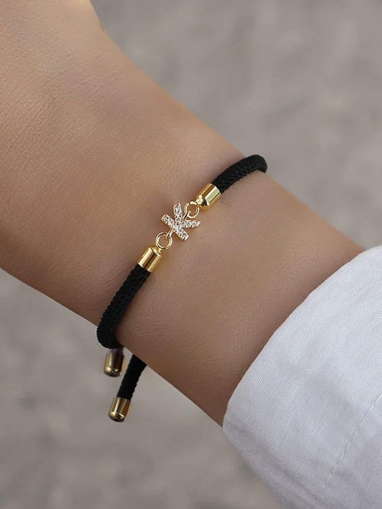 Black Rope Bracelet with Zircon K Charm - Perfect for Parties