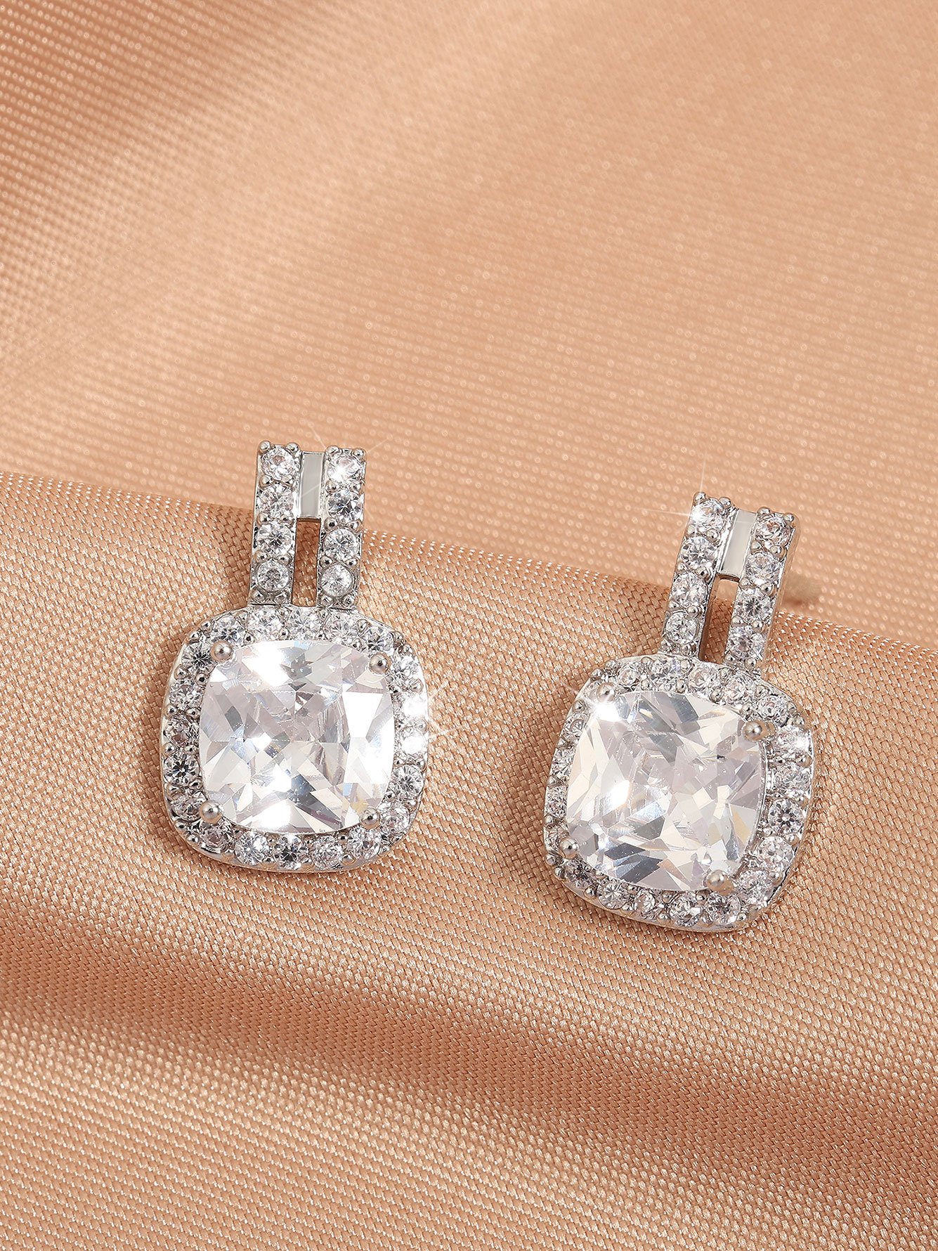 1 Pair Womens Silver Square Zircon Stud Earrings