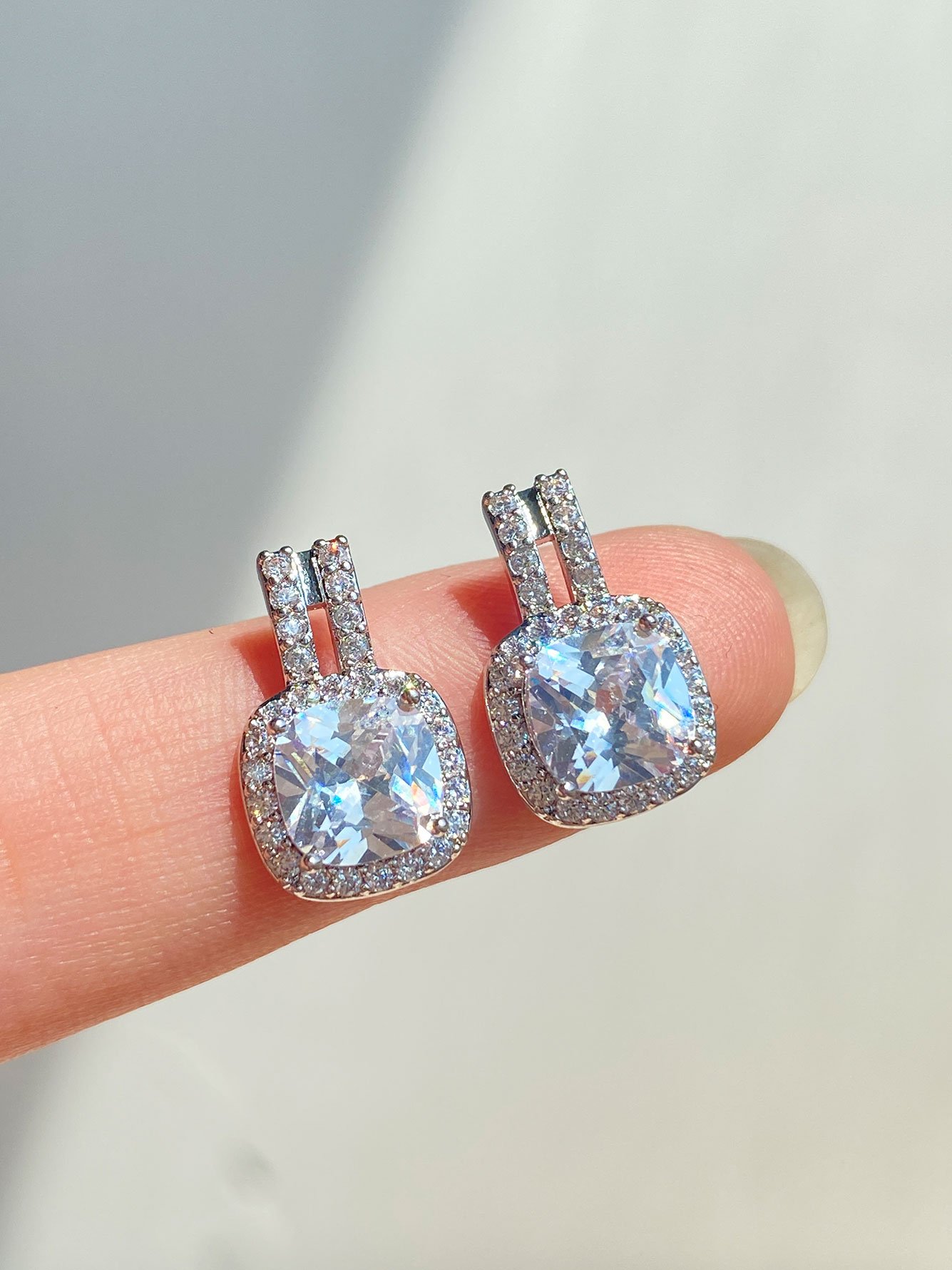 1 Pair Womens Silver Square Zircon Stud Earrings