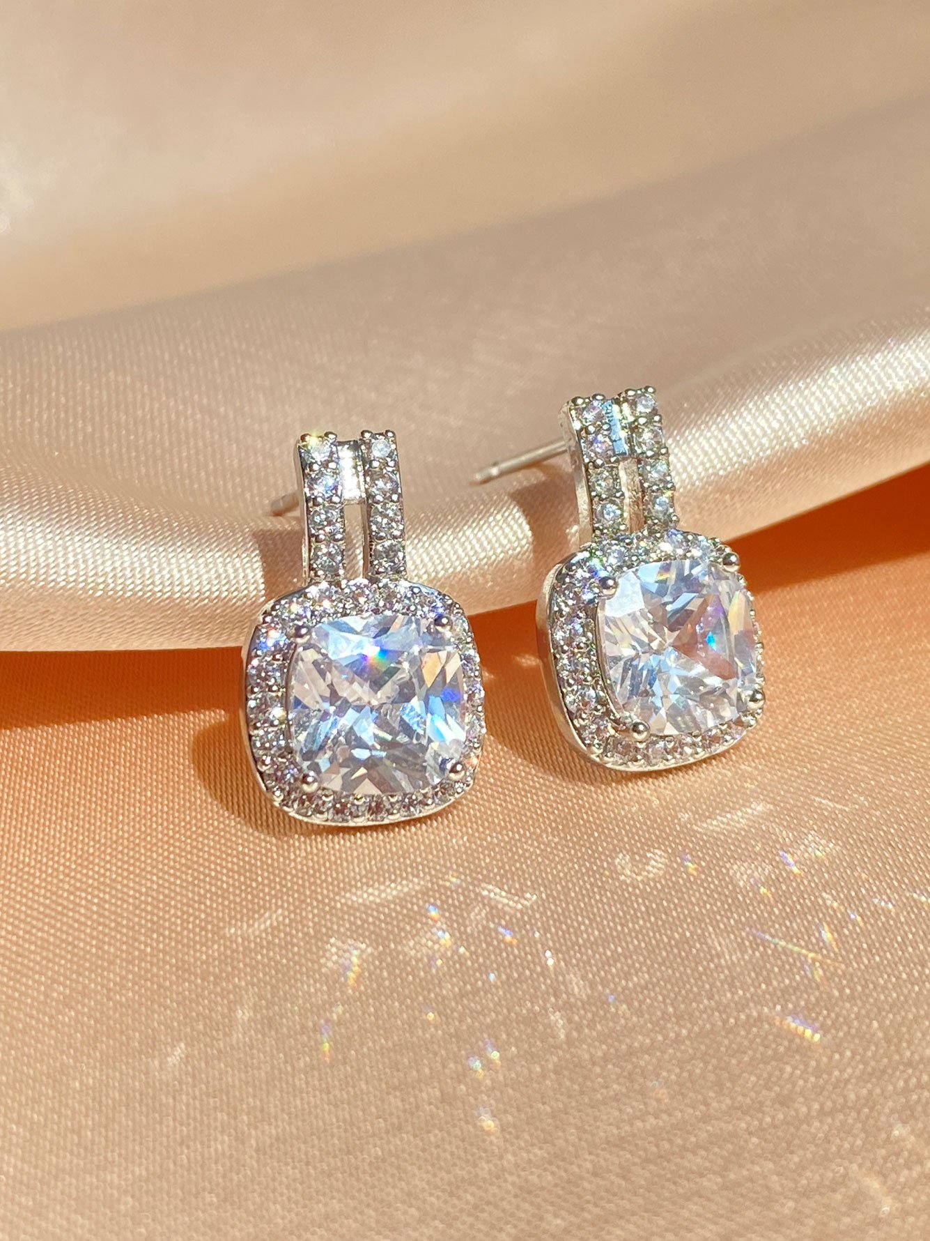 1 Pair Womens Silver Square Zircon Stud Earrings