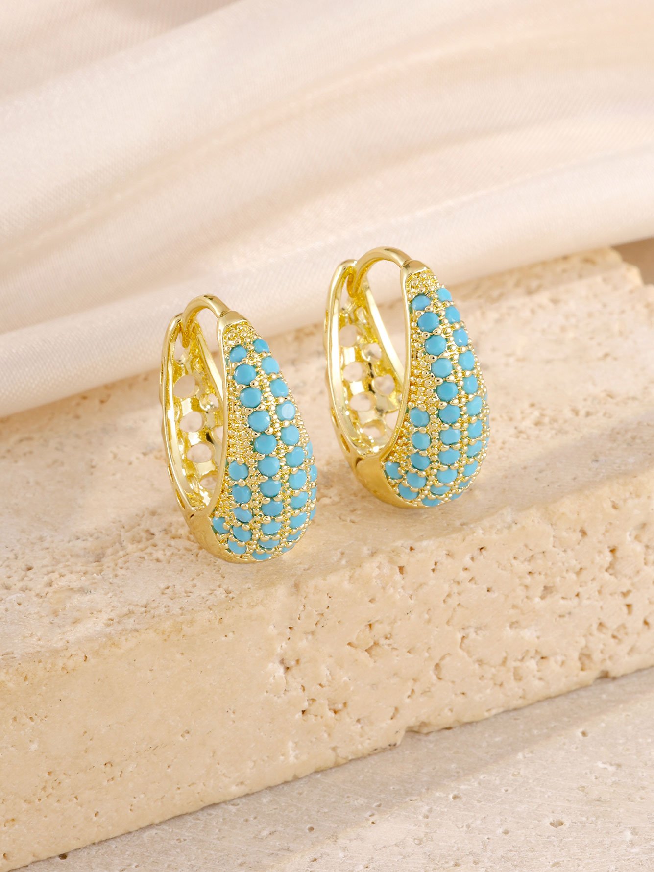 1 Pair Womens Gold Teardrop Blue Hoop Earrings