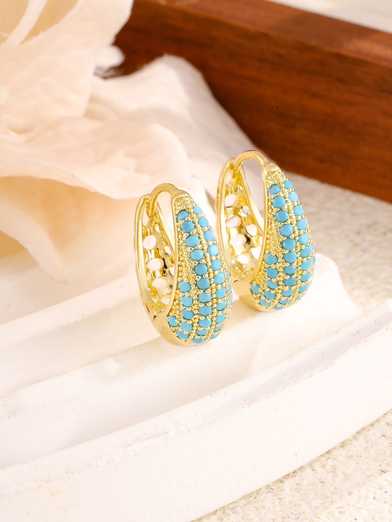 1 Pair Womens Gold Teardrop Blue Hoop Earrings