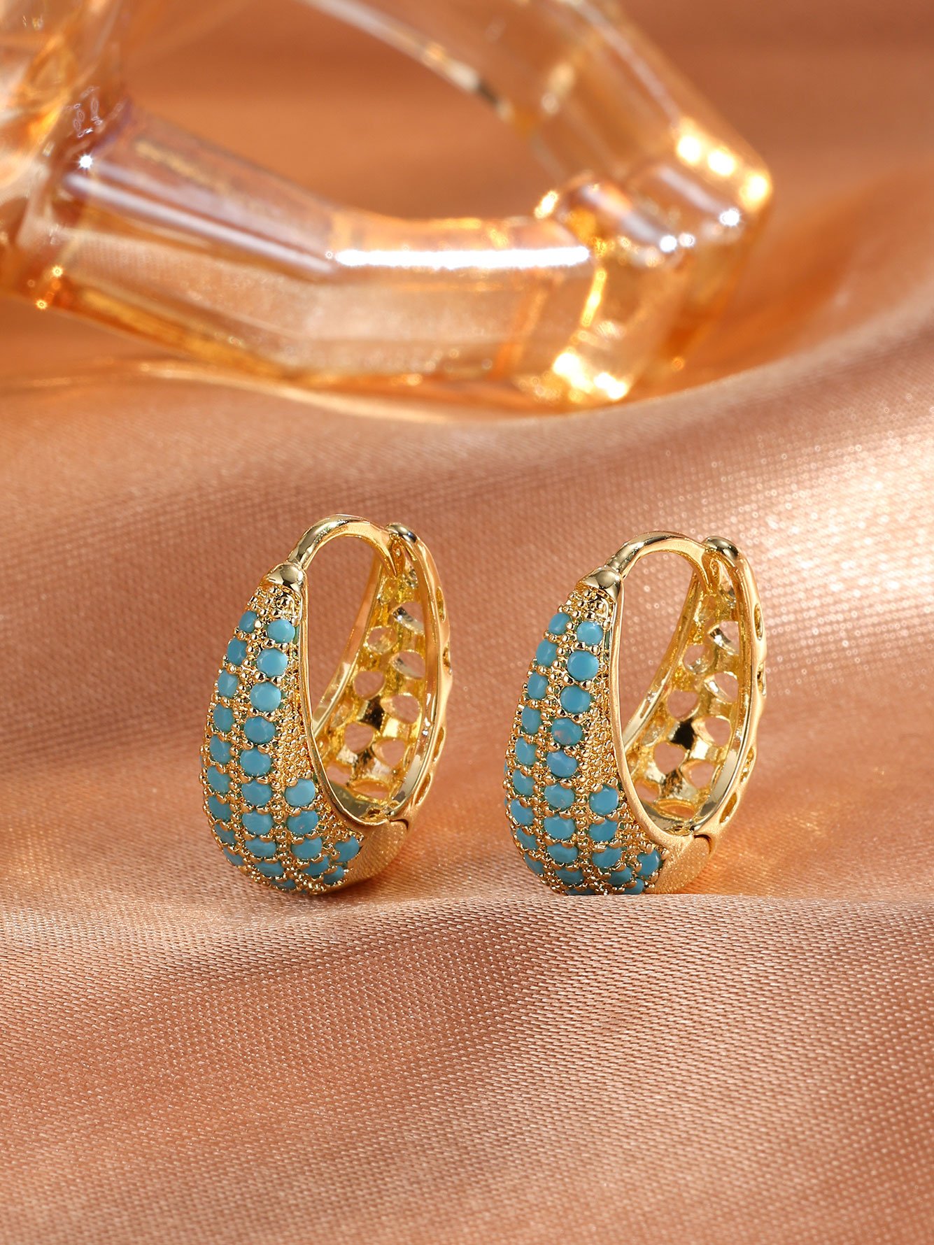 1 Pair Womens Gold Teardrop Blue Hoop Earrings
