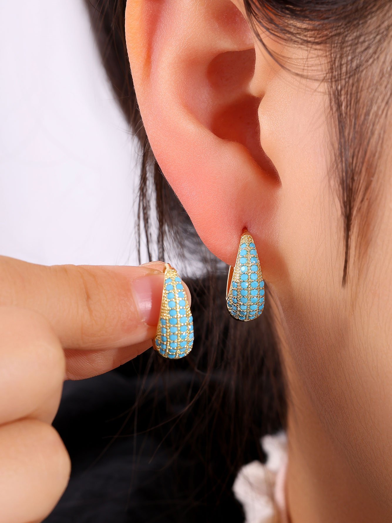 1 Pair Womens Gold Teardrop Blue Hoop Earrings
