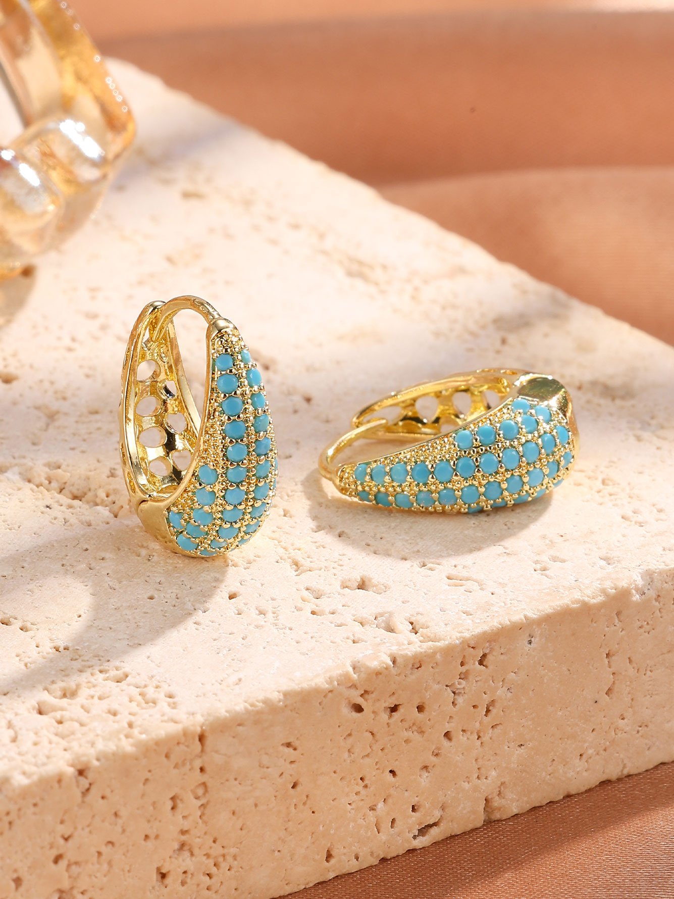 1 Pair Womens Gold Teardrop Blue Hoop Earrings