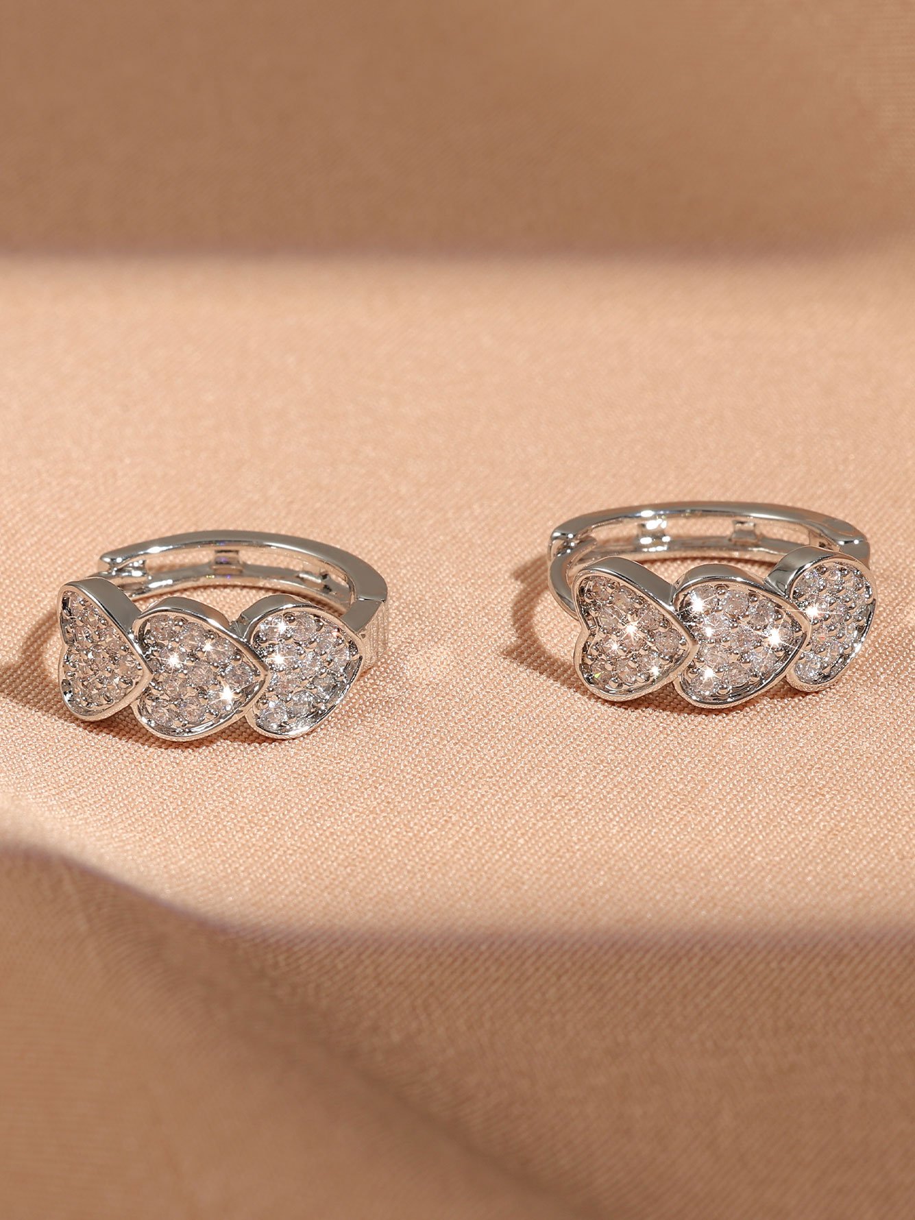 1 Pair Womens Silver Triple Heart Zircon Huggie Earrings