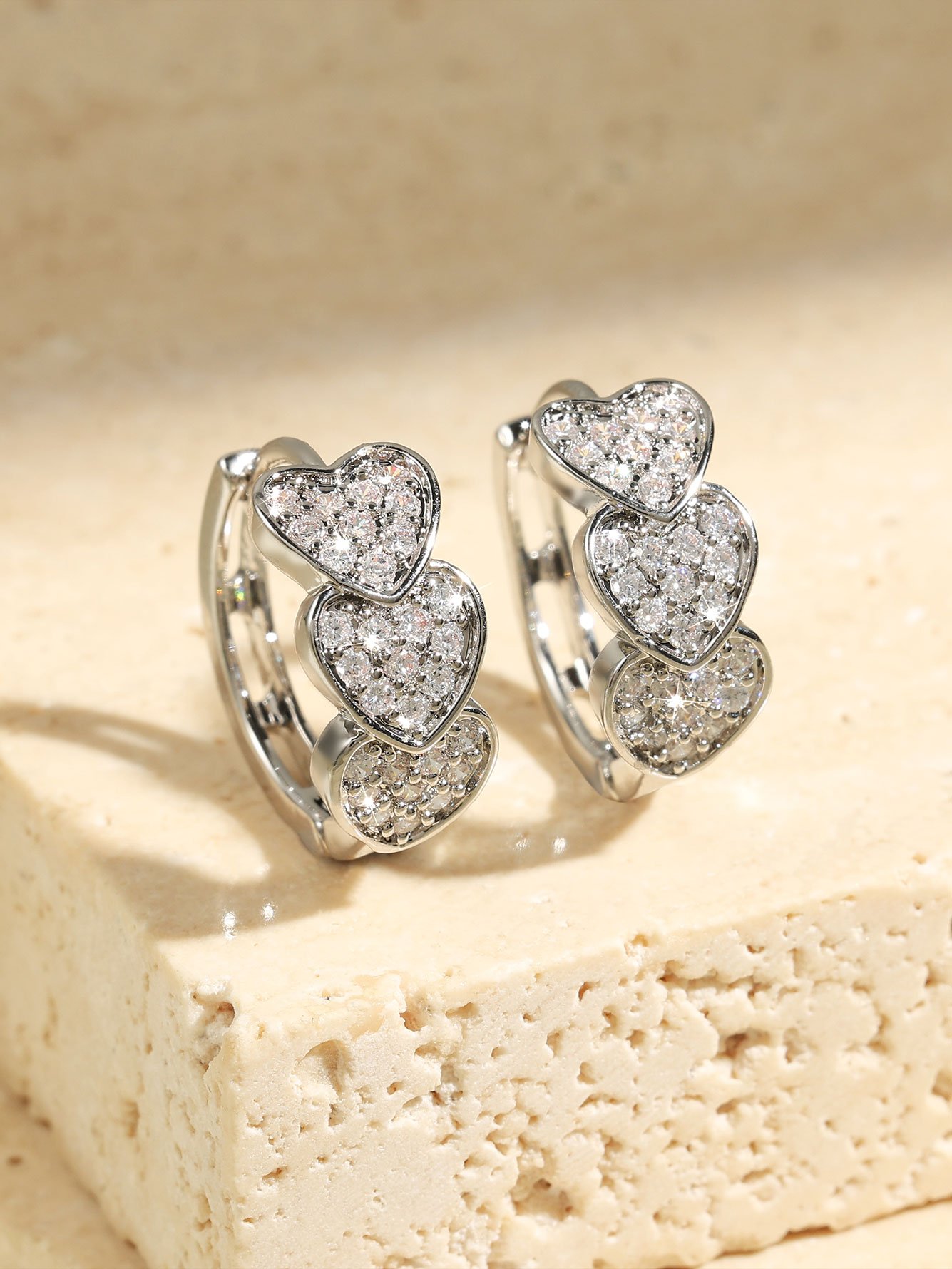 1 Pair Womens Silver Triple Heart Zircon Huggie Earrings