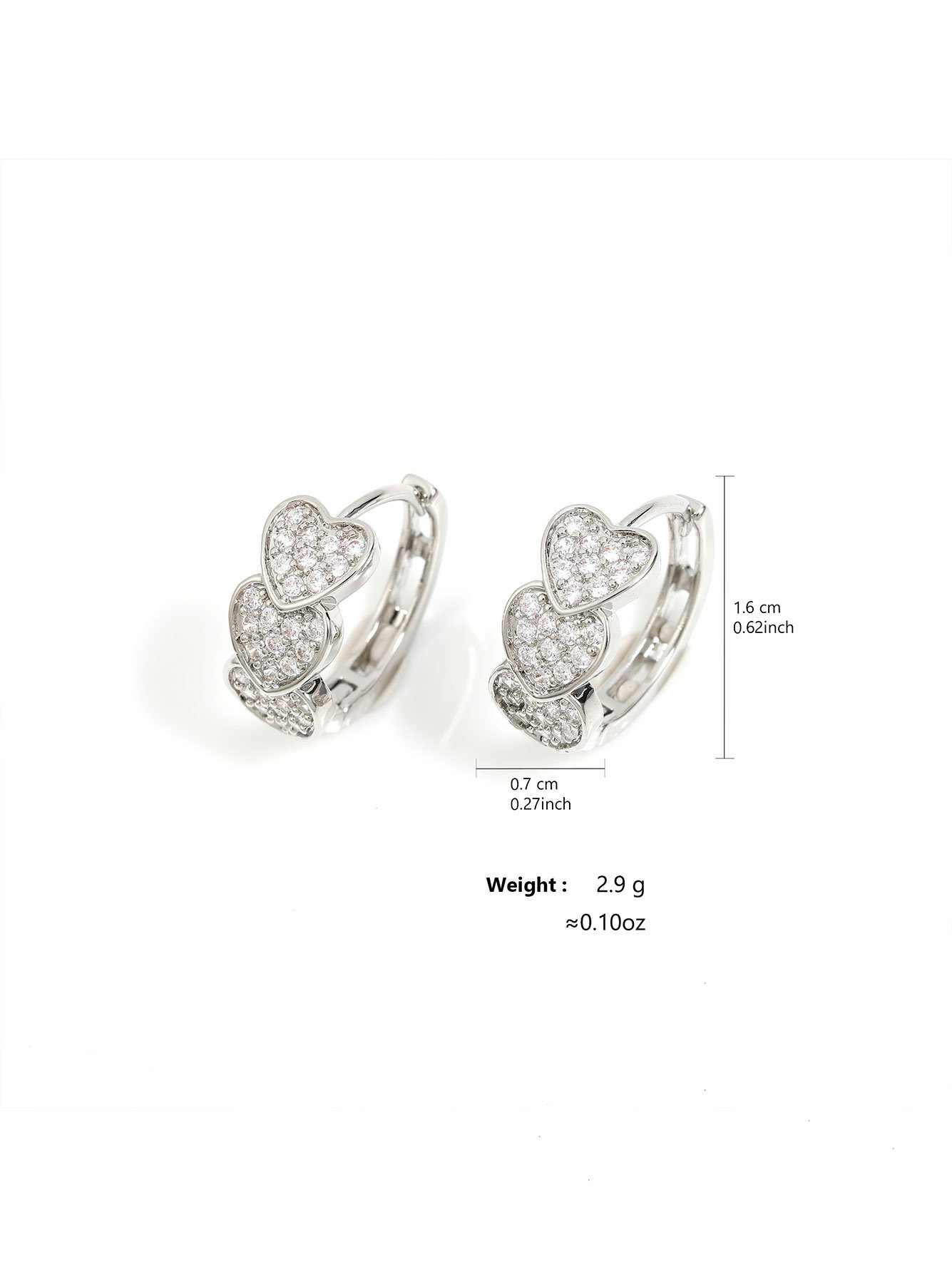1 Pair Womens Silver Triple Heart Zircon Huggie Earrings