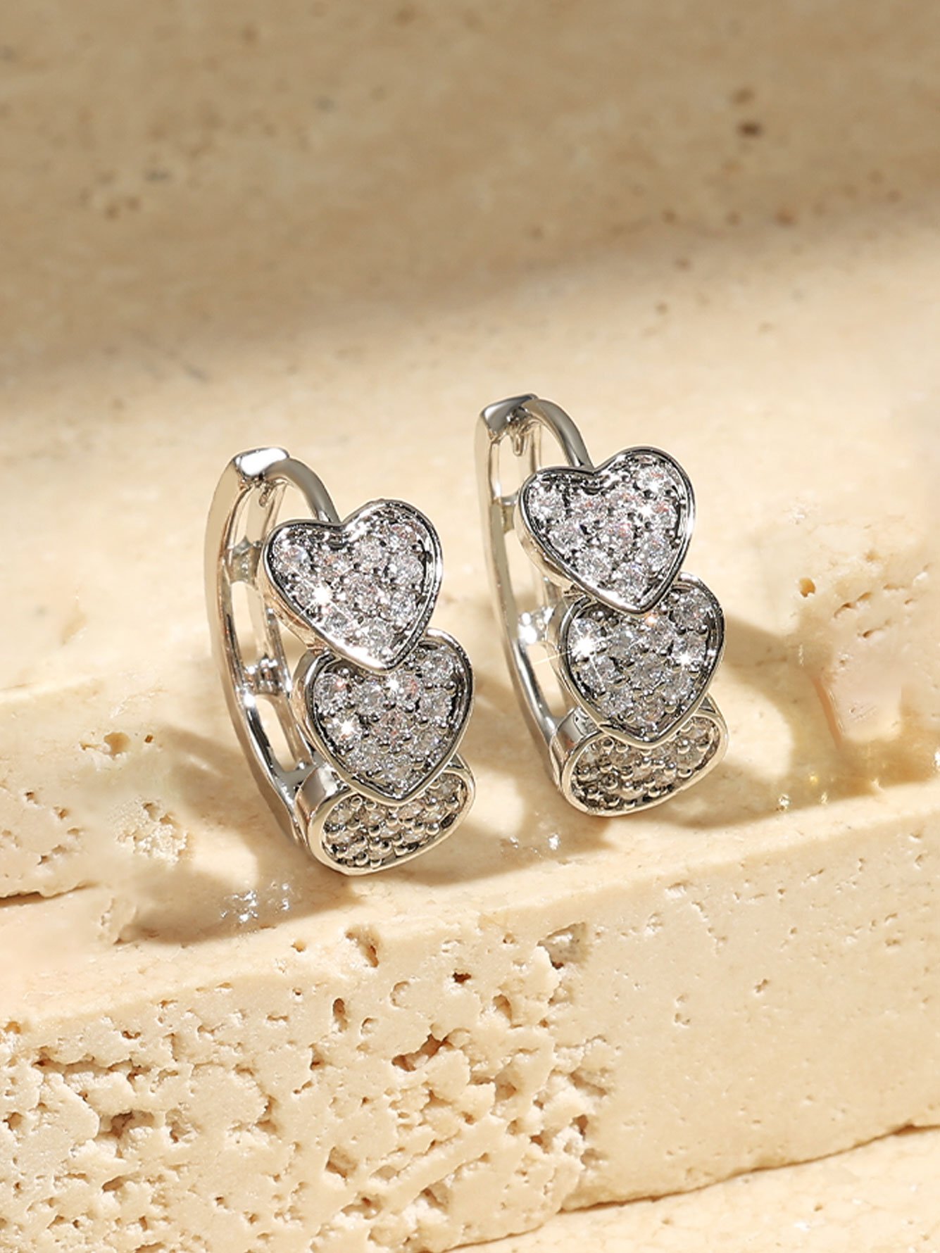 1 Pair Womens Silver Triple Heart Zircon Huggie Earrings