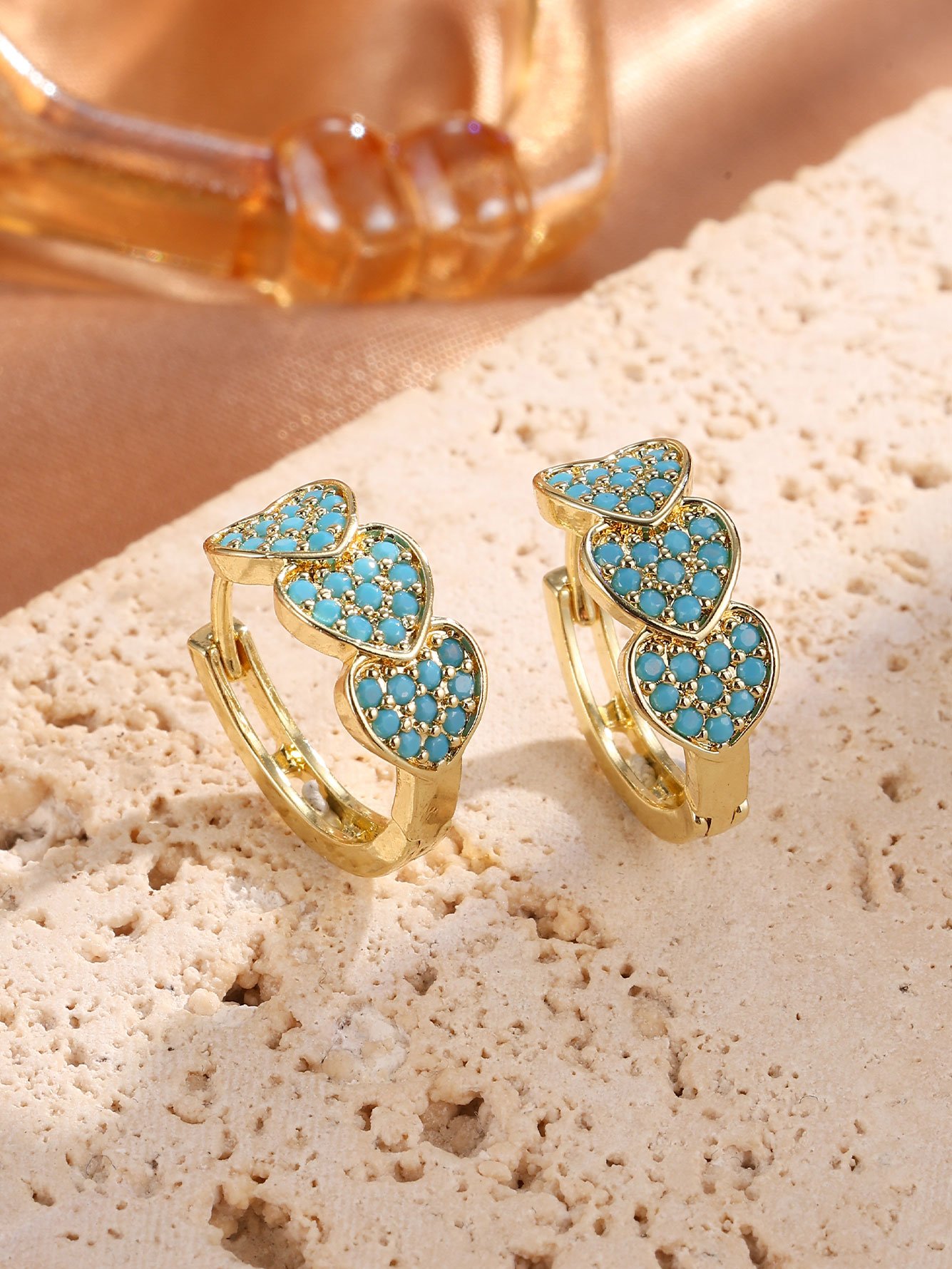 1 Pair Womens Gold Triple Heart Blue Hoop Earrings
