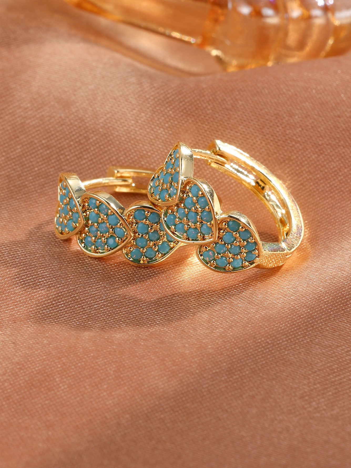 1 Pair Womens Gold Triple Heart Blue Hoop Earrings