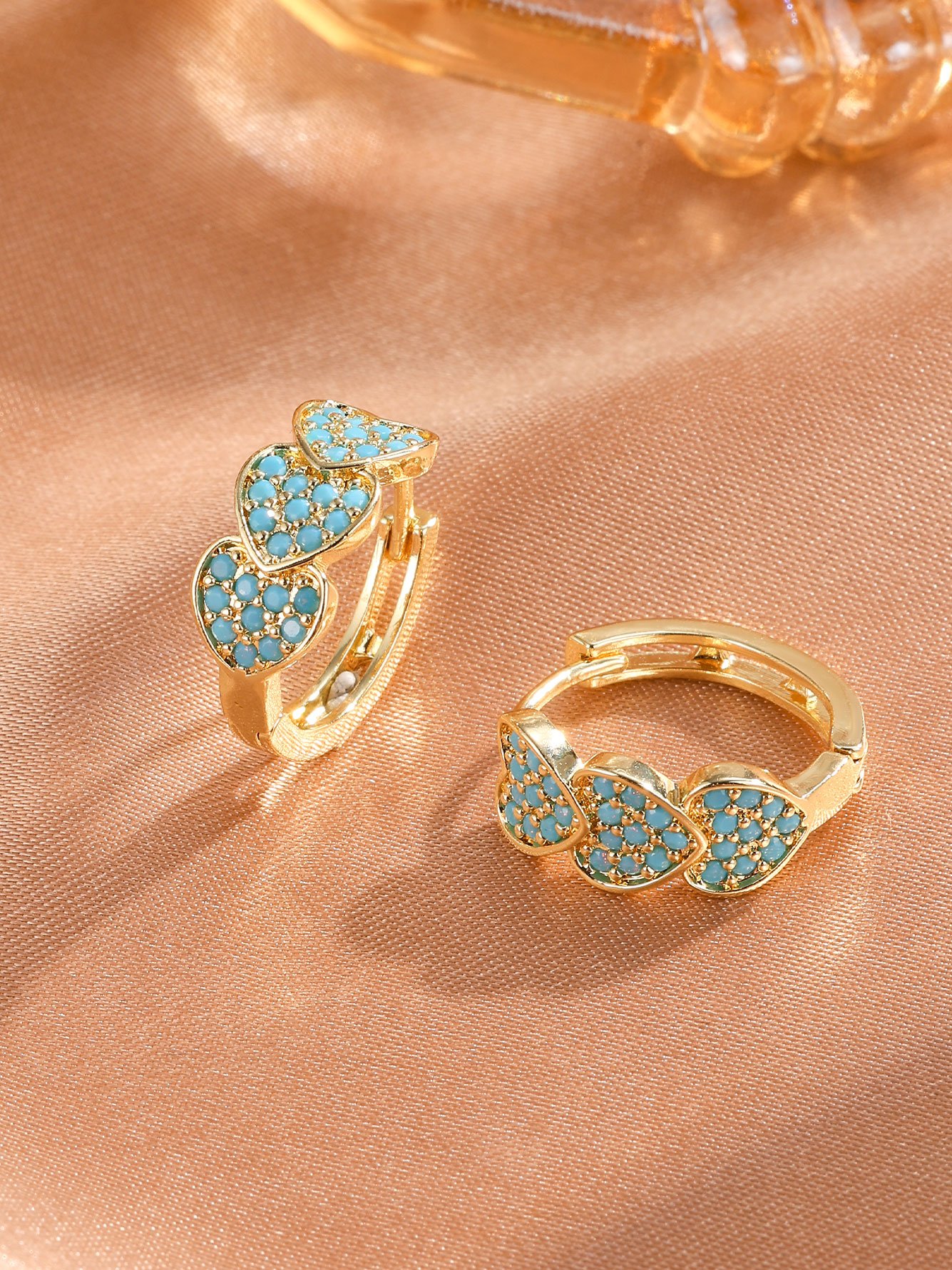 1 Pair Womens Gold Triple Heart Blue Hoop Earrings