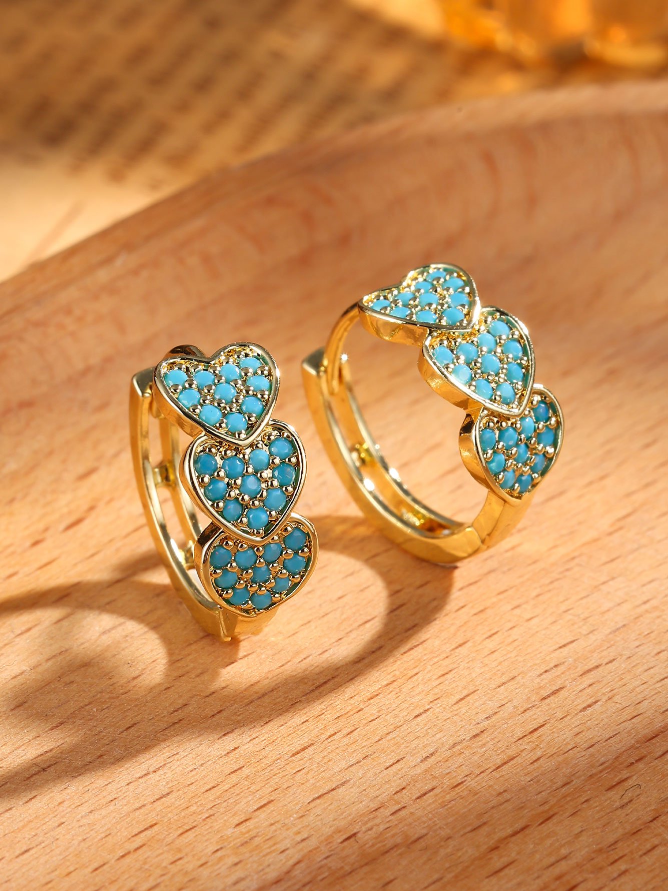 1 Pair Womens Gold Triple Heart Blue Hoop Earrings